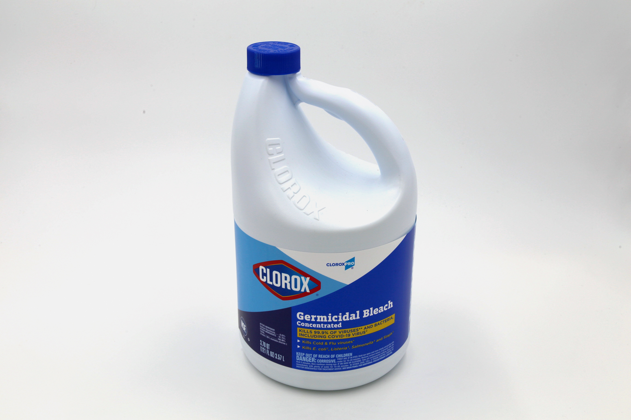 1 gallon plastic bleach container on white background