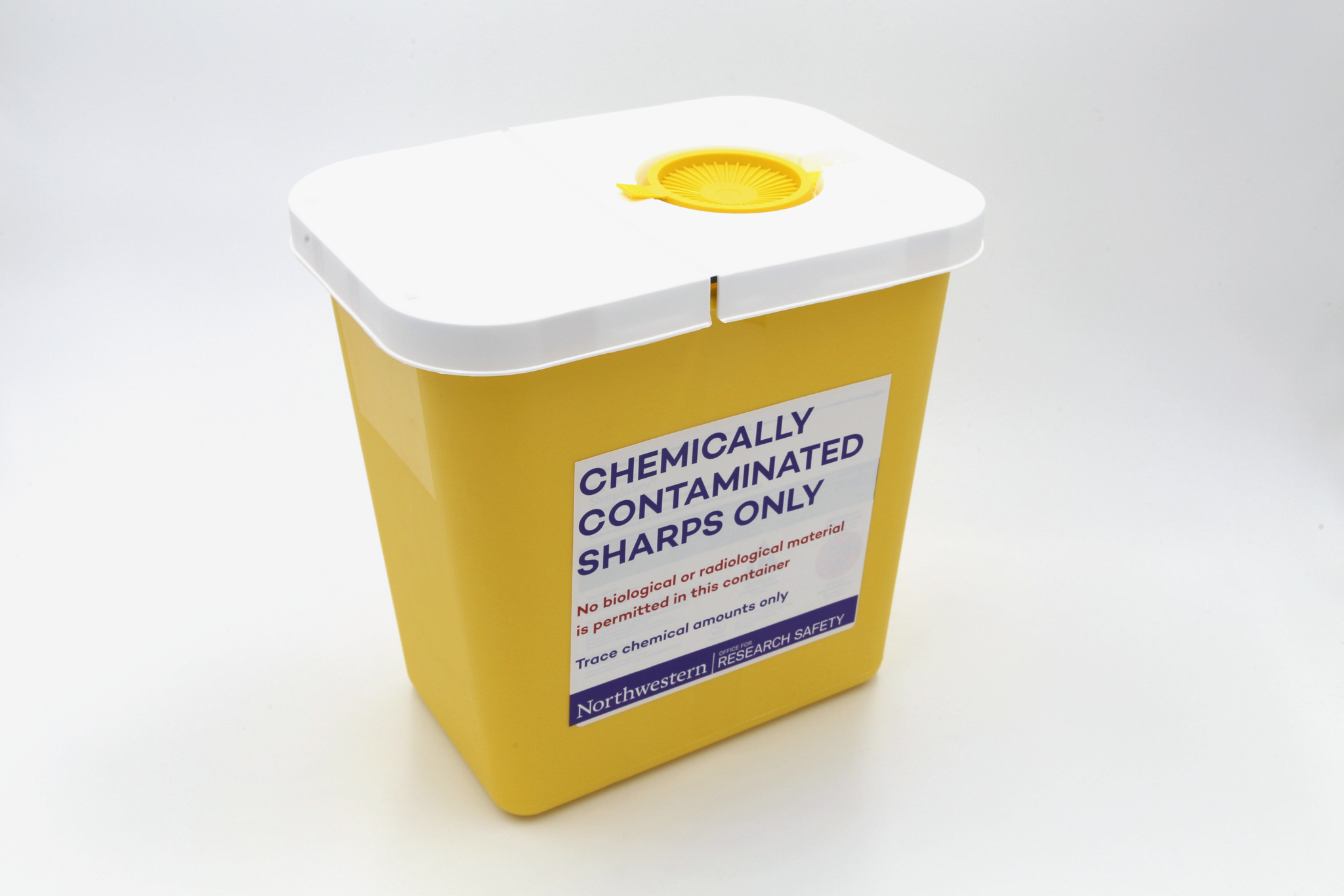yellow plastic chemically contaminated sharps container on white background
