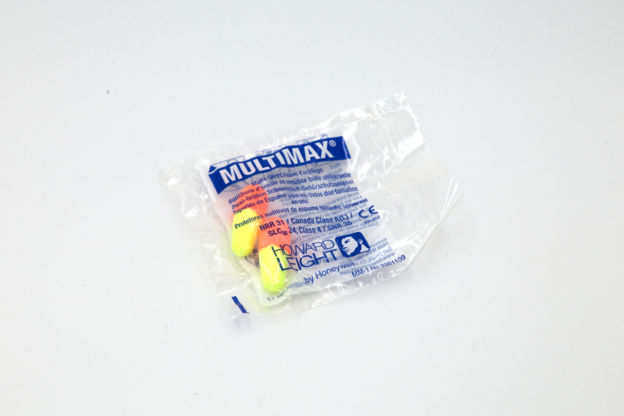 bag with earplugs inside on a white background