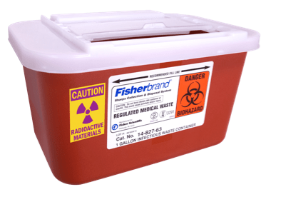 Image of biological sharps container with radiological label.
