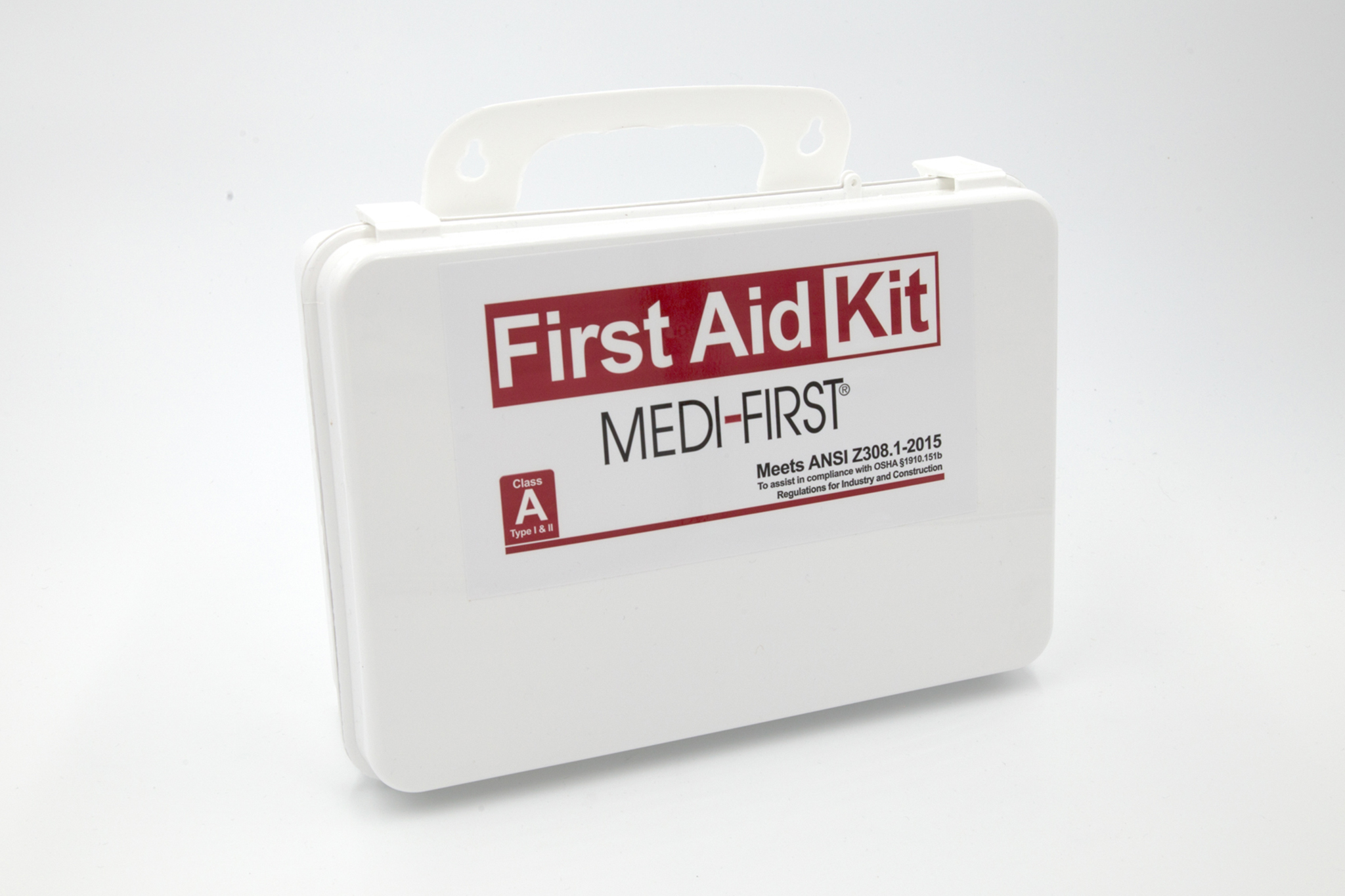 White first aid kit with red text